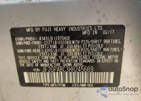 2017 Subaru Crosstrek 2.0I Premium z USA, uszkodzony, nr VIN JF2GPABC3HH245669